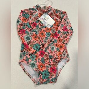NWT Momentum Brands Size 12-Month Girl 1-Pc LS Swimsuit Colorful Floral Stretch